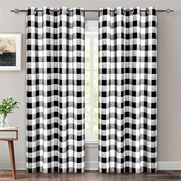 Buffalo Plaid Check Curtains Blackout Room Darkening Thermal Insulated Black - Picture 7 of 7